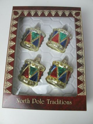 North Pole Traditions 4 pc Vintage Glass Christmas Ornaments Multi Color Drums 2