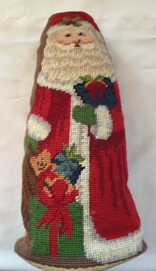 Vintage Completed Needlepoint Christmas Santa Claus Stands Up 14 Inches Tall
