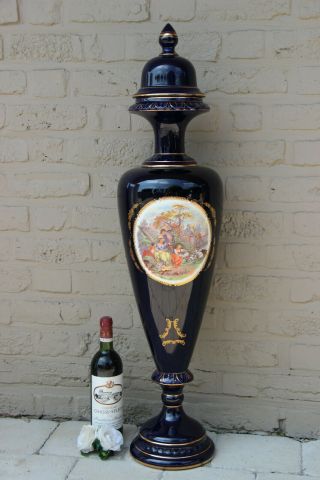 Majestical Xxl 37.  4 " French Limoges Cobalt Blue Vase Romantic Victorian Scene