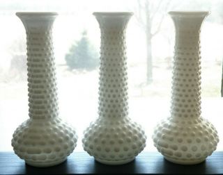 Set Of 3 Vintage E.  O.  Brody White Milk Glass 7 1/2 " Hobnail Bud Vases M2000