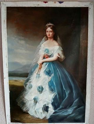 Antique Style Oil Painting Portrait Woman Of Royalty Queen In A Blue Dress O/c
