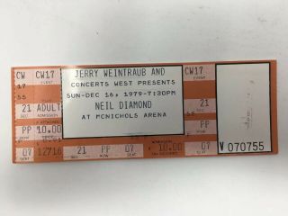 Neil Diamond 1979 Concert Ticket Full Intact Denver Mcnichols Vintage