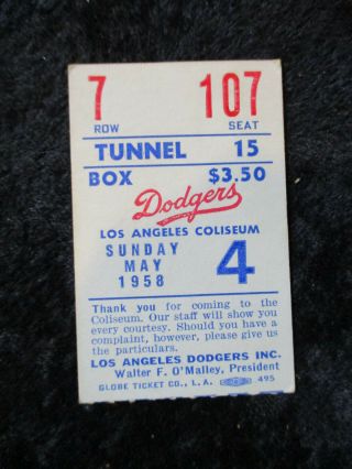 Vintage May 4,  1958 Dodgers Vs Phillies Dh Ticket Stub Don Zimmer Hr 23 T913