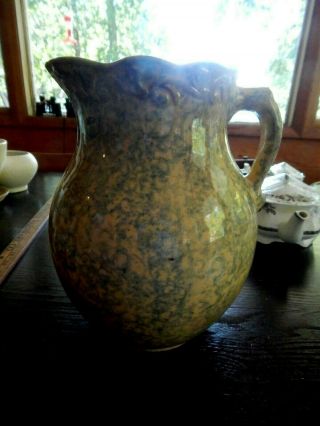 Antique Yellow Ware Pottery With Blue Sponge Glaze Pitcher