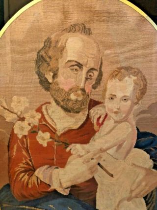 VERY RARE LARGE ANTIQUE 1800 ' s ST.  JOSEPH & CHRIST CHILD FRAMED NEEDLEPOINT 46 