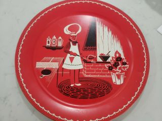 Vintage Mid Century 19 " Round Metal Bbq Tray Platter Red Chef Grill Mcm