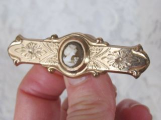 G9/12 Stunning Antique Victorian Gold Filled Bar Pin Brooch With Cameo