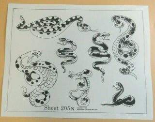 Vintage 1978 Spaulding & Rogers Tattoo Flash Sheet 205n Snakes