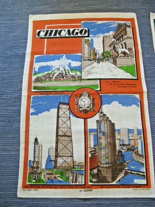 Vtg Chicago Souvenir Linen Tea Towel W/ Key City Sights By Ulster - Nwot