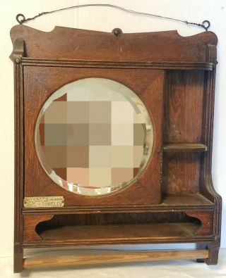 Antique Oak Barber Shop Mirrored Cabinet Silver Laundry & Towel Co Rare
