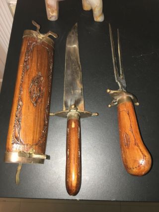 Vintage Carving Knife/fork Set Hand Carved Wooden Case And Brass India