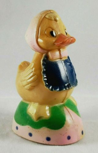 Vintage Easter Duck Toy 3 " Plastic Apron Babushka Wheels Hong Kong Push Toy