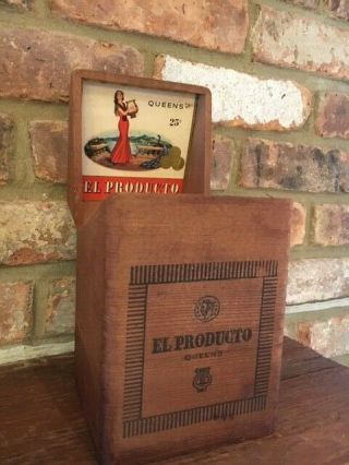 Vintage Dovetailed Wood Cigar Box El Producto Queens Hinged Top