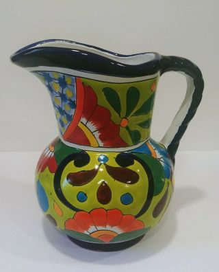 Vintage Hand Painted Mexican Talavera Folk Art Pottery Pitcher