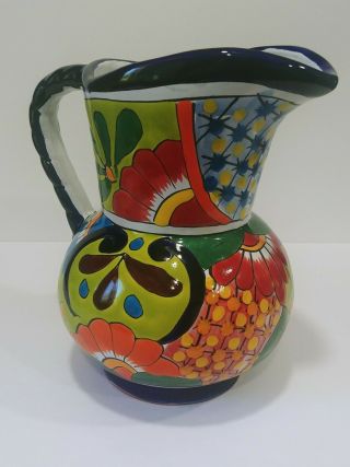 Vintage Hand Painted Mexican Talavera Folk Art Pottery Pitcher 2