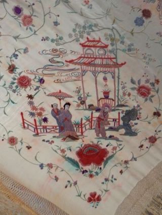 Antique Chinese Hand Embroidered Silk Piano Shawl Multi Color Ps140