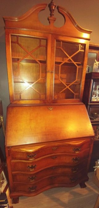 Gorgeous Chippendale Style Tiger Maple Secretary Desk,  Glass Cabinet,  4 Drawer.  84 "