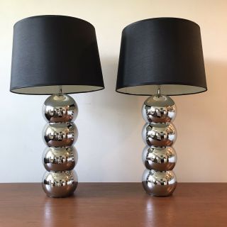 Mid Century Modern George Kovacs Stacked Chrome Ball Pair Table Lamps
