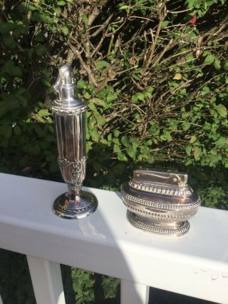 Vintage Silverplate Ronson " Juno " Tall Table Lighter & Queen Anne