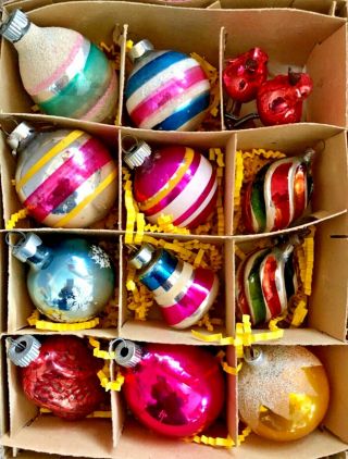 Box - 12 Vintage Assorted Colorful Glass Balls And Birds Christmas Ornaments