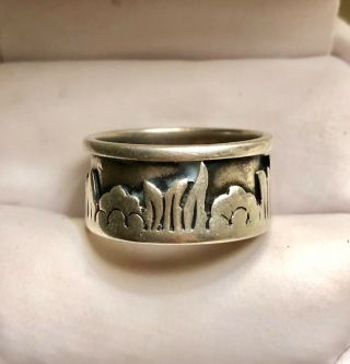 Antique Art Nouveau Sterling Silver Poppy Floral Cigar Band Ring Size 6.  5 - 7