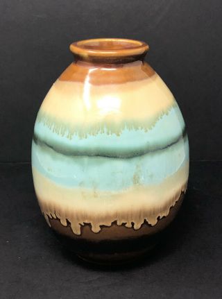 Vintage Studio Art Earthenware Pottery Drip Glaze Brown Teal Blue Vase Pot
