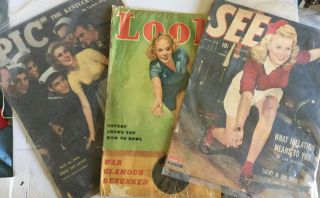 3 Vintage Magazines W/woman Bowling On Cover: Look (‘38),  Pic (‘44) & See (‘44)