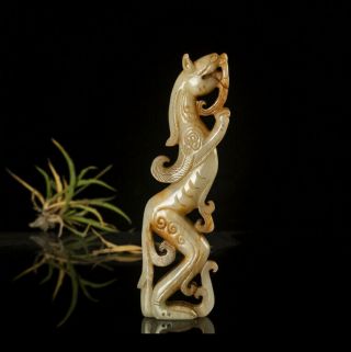 One Fine Chinese Ancient Han Hetian Jade Dragon Stance Statuary