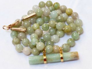 Chinese 14k Gold Vintage Green Jade Beaded Necklace Pendant,  53 Grams