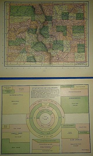 Vintage 1894 Map Of Colorado & Statistics Chart As Of 1894 Old