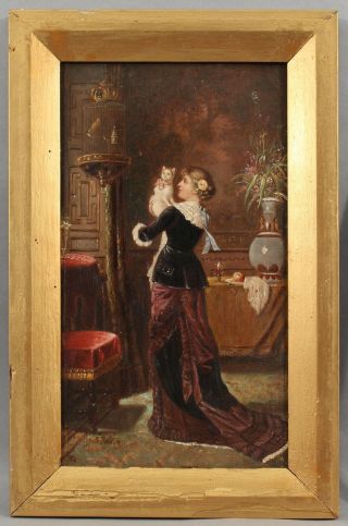 19thc Antique Signed Genre Portrait Oil Painting Victorian Woman,  Cat & Birdcage