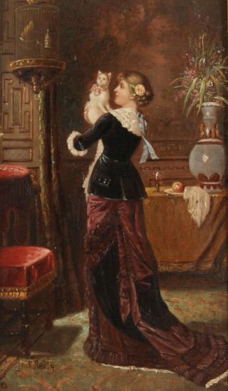19thC Antique Signed Genre Portrait Oil Painting Victorian Woman,  Cat & Birdcage 3