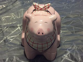 Vintage Coco Dowley Pink Pig Cookie Jar Red White Blue Scarf Bib & Bow 7.  5 " Tall