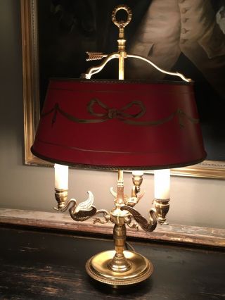 Large Antique Vintage Gilt Bronze Bouillotte Table Lamp,  Red Swaggered Shade