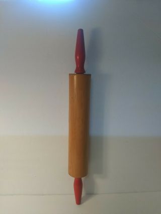 Antique Vintage Wooden Wood Rolling Pin 17 " Red Handle Kitchen Farmhouse