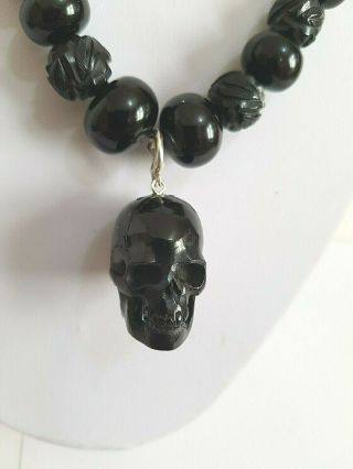 Antique.  Victorian Whitby Jet Memento Mori Necklace Carved Beads 23ins Goth