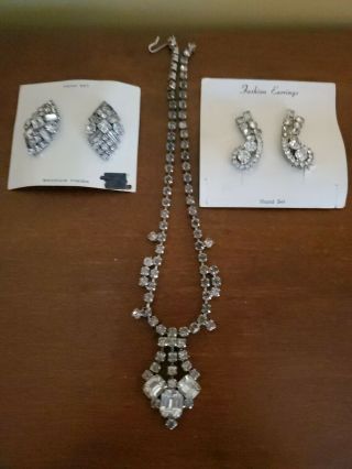 2 Pairs Of Vintage Rhinestone Clip Earrings And Necklace