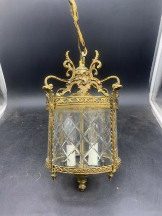 Vintage Brass & Glass Ceiling Hanging Lantern / Lamp / Light Made In Spain