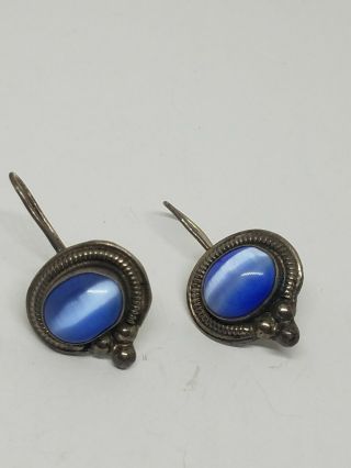 Vintage Blue Cats Eye Cabochon Sterling Silver Mexico Drop Earrings