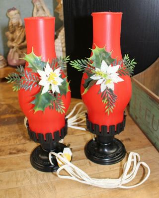 Vintage Christmas Lamps Lanterns Candles Red White Plastic Poinsettias