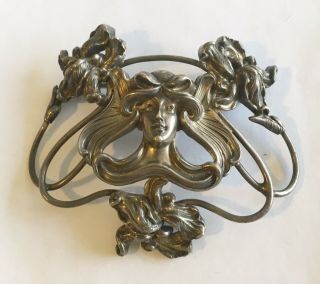 Antique Art Nouveau Lg.  Sterling Signed Kerr Pin With Ladies Head