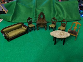 Antique German Biedermeier Boule Doll House Miniature Furniture Set Silk 1800s