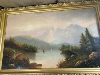 Large Antique Hudson River School " Lake & Landscape Scene " Oil Painting - Framed