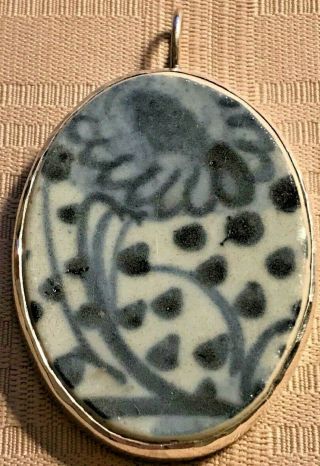 Dee Vintage Sterling Silver Oval Blue & White Ceramic Flower Pendant Signed