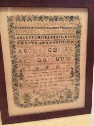 1836 Early American Sampler Abcs,  Numbers,  Professionally Framed 12x16