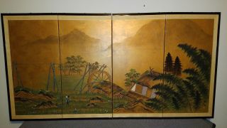 Japanese/byobu/4 - Panel/signed/ Folding Screen/water Mill/ Mountain Scene/no.  F303