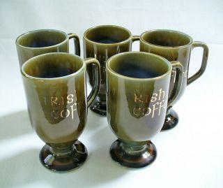 5 Pc Vintage Irish Porcelain Pedestal Coffee Mugs 8 Oz Green Blue Interior Gold