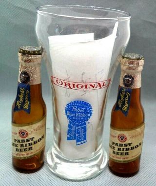 Vintage Pabst Blue Ribbon Pilsner Glass & Two Mini Beer Bottles,