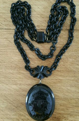 Antique Victorian Whitby Jet Mourning Locket & Double Chain Collar