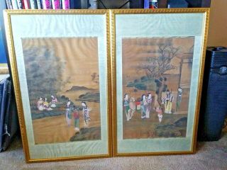 Antique Framed Chinese Silk Paintings 21x35 Oriental Women